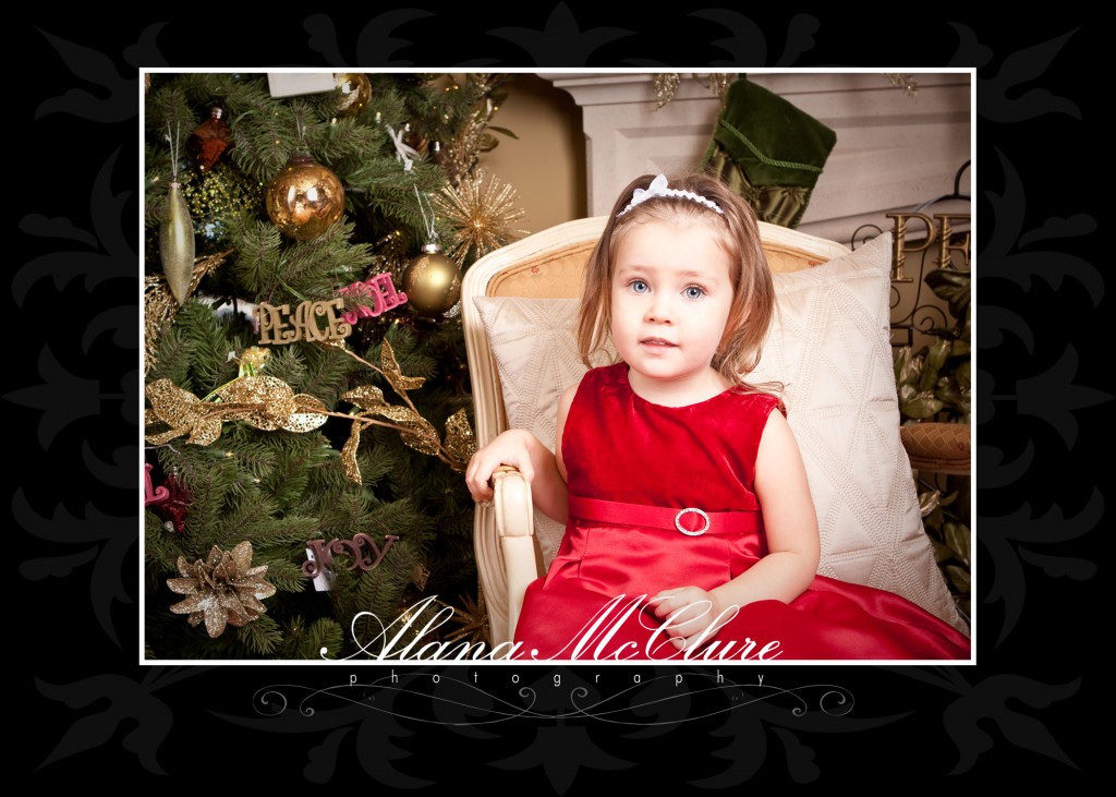 Ajax Christmas Photographer - Little Girl in Holiday dress by Christmas Tree